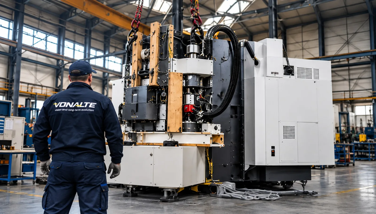 Vonalte technician supervising the installation of a CNC machine